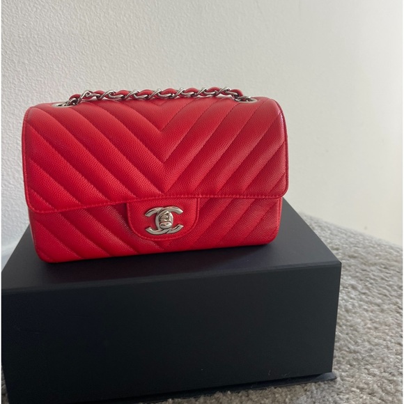 CHANEL Handbags - SOLD Chanel Red Chevron Caviar Mini